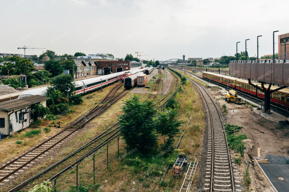Railway tracks with modern signaling equipment at sunset